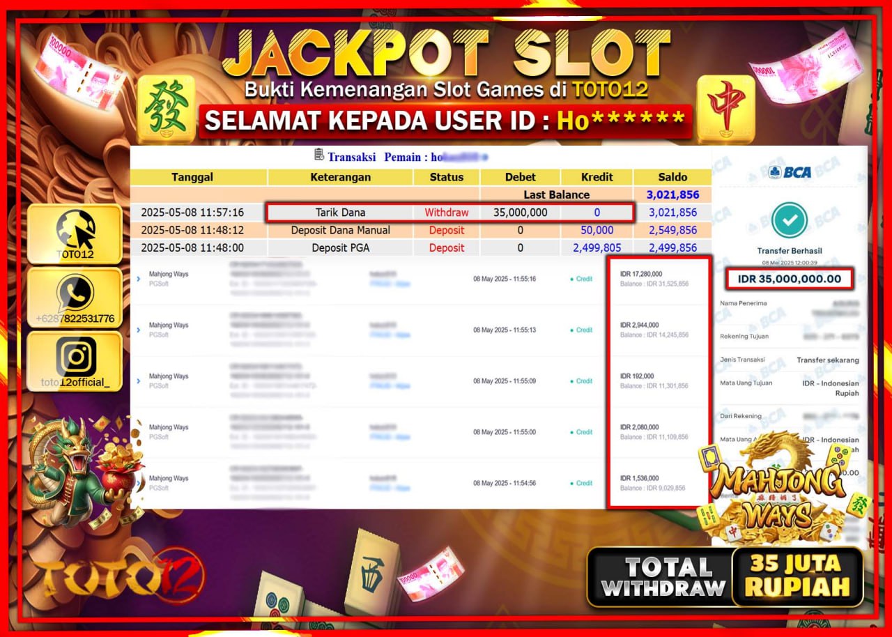 HANYA DI TOTO12 JP PASTI DI BAYAR LUNAS DAN CEPAT!!!!!! JACKPOT SLOT GAME (MAHJONG WAYS) Rp.35.000.000 !!!!