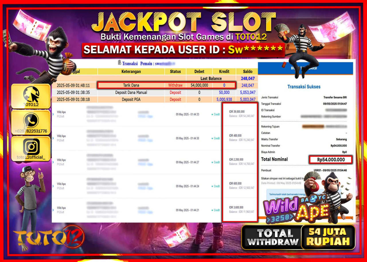 HANYA DI TOTO12 JP PASTI DI BAYAR LUNAS DAN CEPAT!!!!!! JACKPOT SLOT GAME (WILD APE) Rp.54.000.000 !!!!