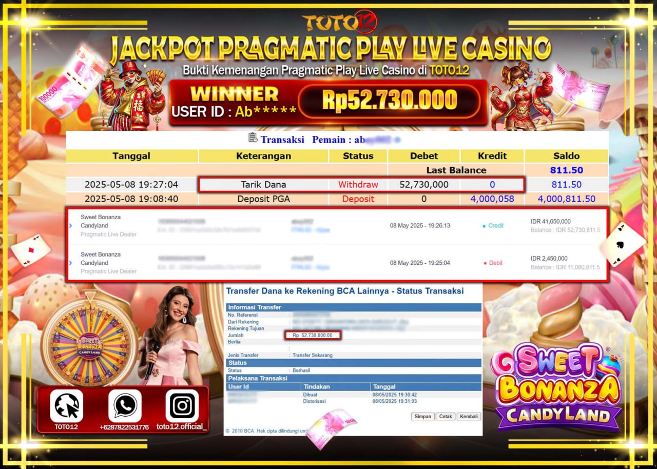 HANYA DI TOTO12 JP PASTI DI BAYAR LUNAS DAN CEPAT!!!!!! JACKPOT PRAGMATIC PLAY LIVE CASINO (SWEET BONANZA CANDY LAND) Rp.52.730.000 !!!!