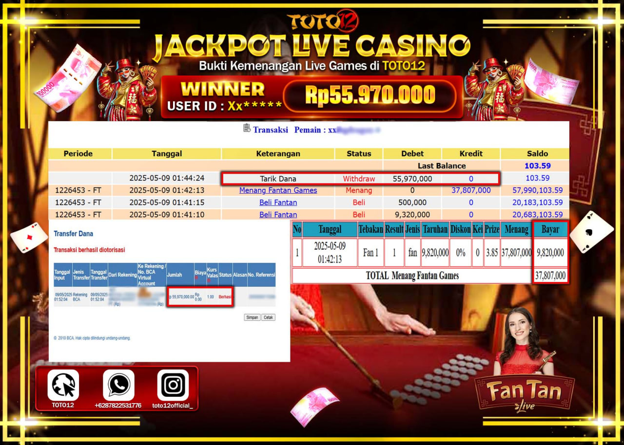 HANYA DI TOTO12 JP PASTI DI BAYAR LUNAS DAN CEPAT!!!!!! JACKPOT LIVE GAMES CASINO (FANTAN) Rp.55.970.000 !!!!