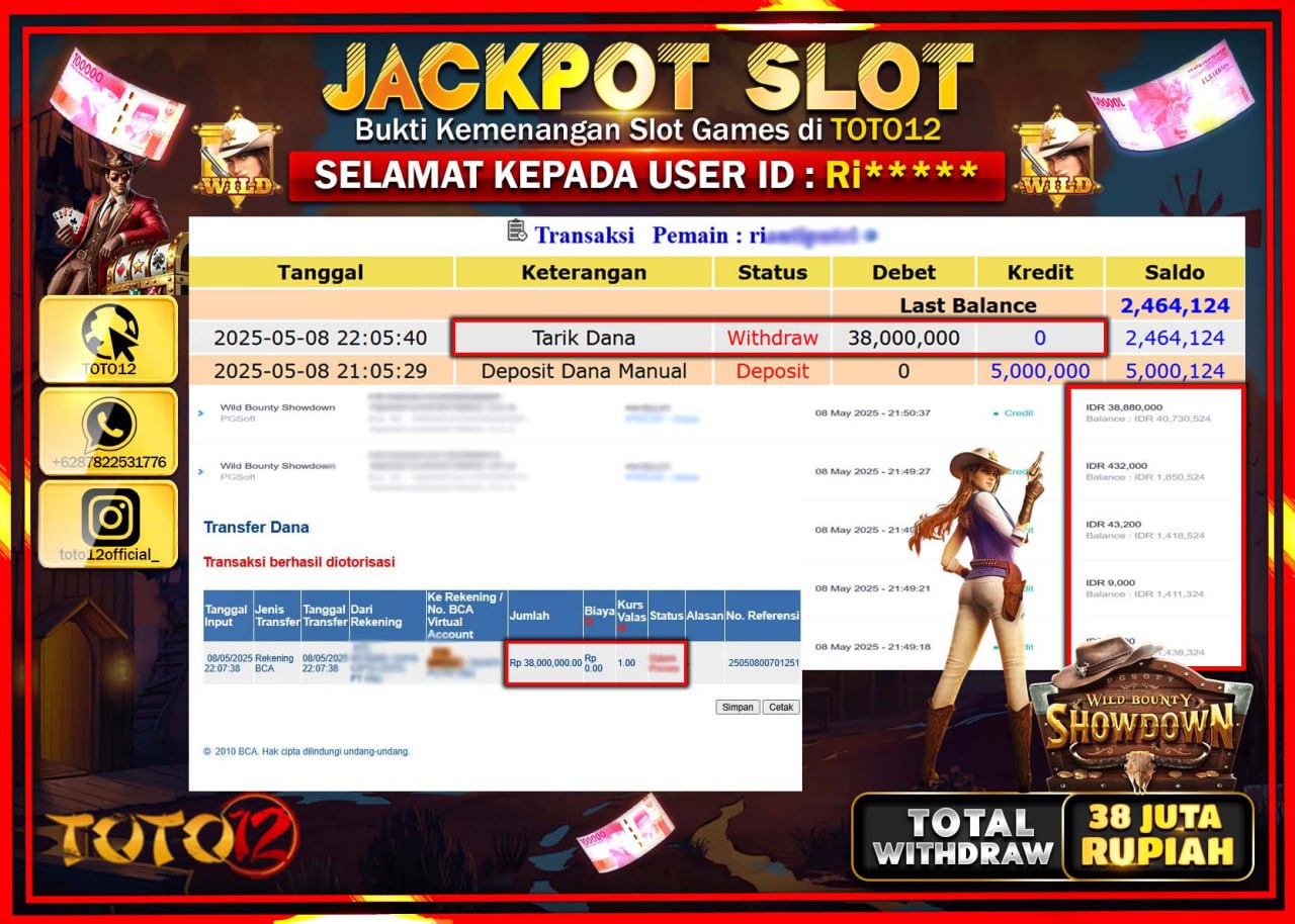 HANYA DI TOTO12 JP PASTI DI BAYAR LUNAS DAN CEPAT!!!!!! JACKPOT SLOT GAME (WILD BOUNTY SHOWDOWN) Rp.38.000.000 !!!!