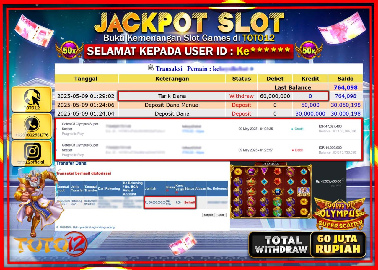 HANYA DI TOTO12 JP PASTI DI BAYAR LUNAS DAN CEPAT!!!!!! JACKPOT SLOT GAME (GATES OF OLYMPUS SUPER SCATTER) Rp.60.000.000 !!!!