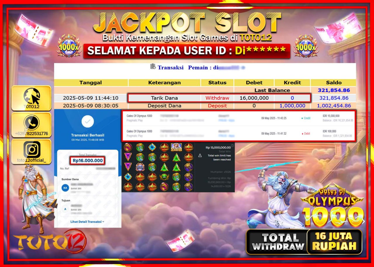 HANYA DI TOTO12 JP PASTI DI BAYAR LUNAS DAN CEPAT!!!!!! JACKPOT SLOT GAME (GATES OF OLYMPUS 1000) Rp.16.000.000 !!!!