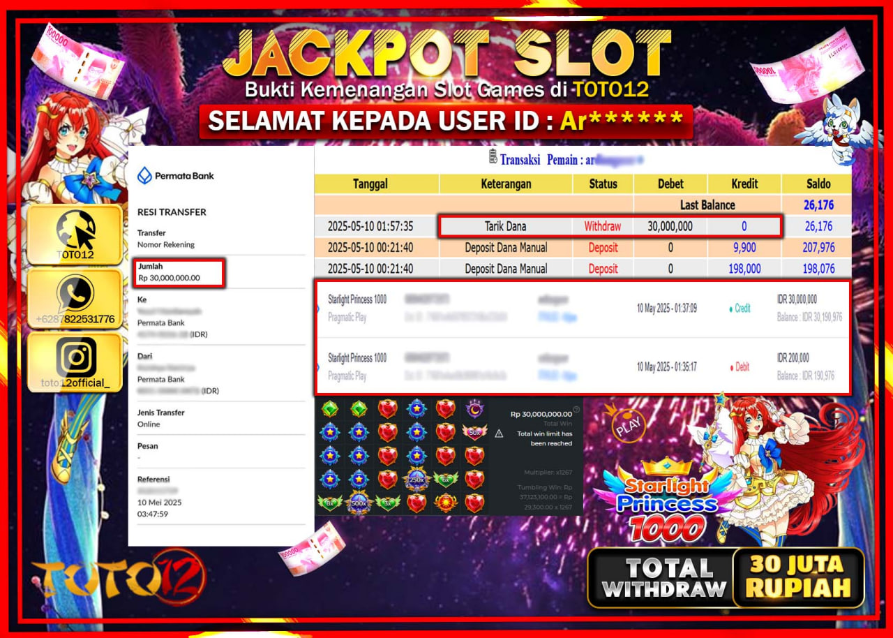 HANYA DI TOTO12 JP PASTI DI BAYAR LUNAS DAN CEPAT!!!!!! JACKPOT SLOT GAME (STARLIGHT PRINCESS 1000) Rp.30.000.000 !!!!