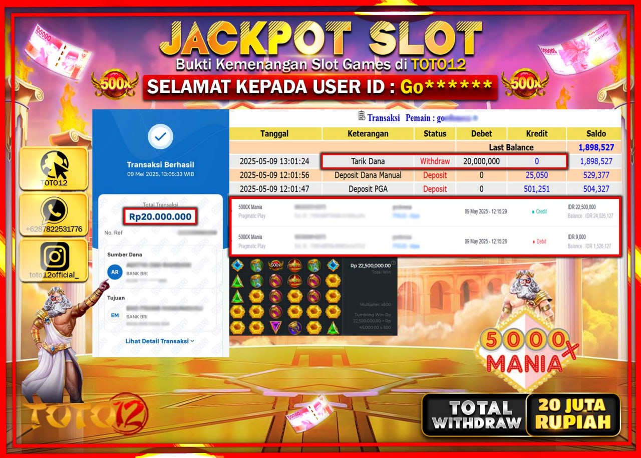 HANYA DI TOTO12 JP PASTI DI BAYAR LUNAS DAN CEPAT!!!!!! JACKPOT SLOT GAME (5000X MANIA) Rp.20.000.000 !!!!