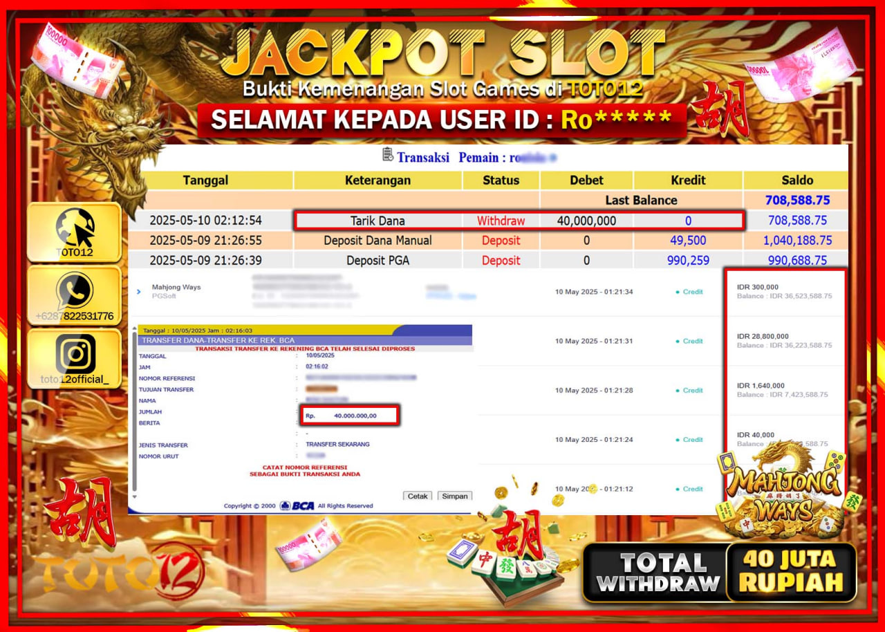 HANYA DI TOTO12 JP PASTI DI BAYAR LUNAS DAN CEPAT!!!!!! JACKPOT SLOT GAME (MAHJONG WAYS) Rp.40.000.000 !!!!