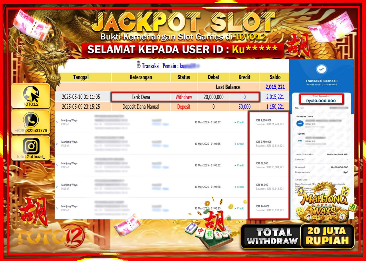 HANYA DI TOTO12 JP PASTI DI BAYAR LUNAS DAN CEPAT!!!!!! JACKPOT SLOT GAME (MAHJONG WAYS) Rp.20.000.000 !!!!