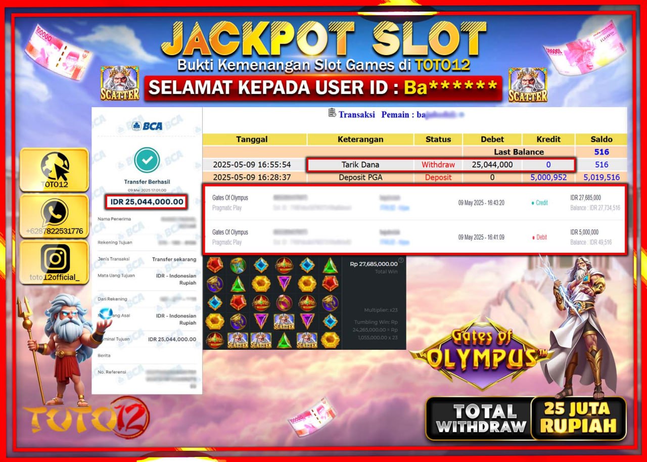 HANYA DI TOTO12 JP PASTI DI BAYAR LUNAS DAN CEPAT!!!!!! JACKPOT SLOT GAME (GATES OF OLYMPUS) Rp.25.000.000 !!!!