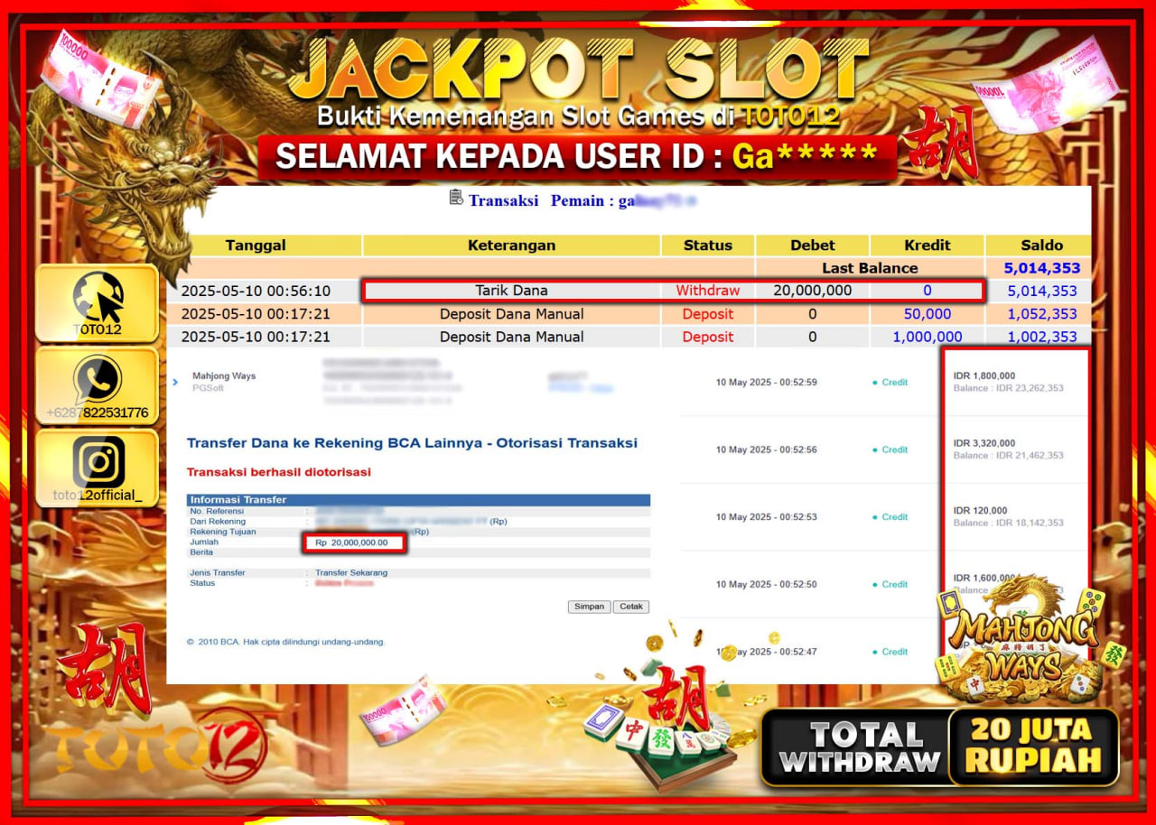 HANYA DI TOTO12 JP PASTI DI BAYAR LUNAS DAN CEPAT!!!!!! JACKPOT SLOT GAME (MAHJONG WAYS) Rp.20.000.000 !!!!