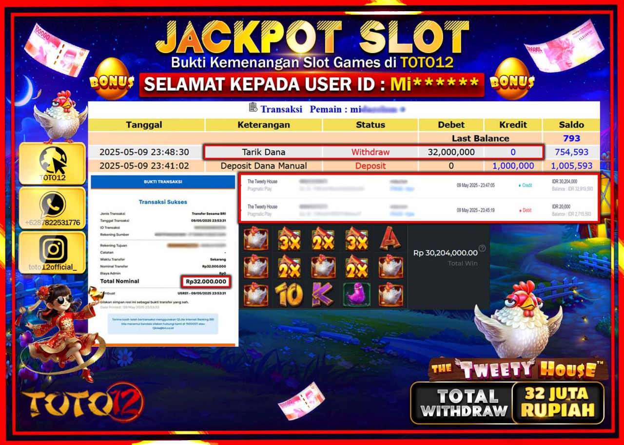 HANYA DI TOTO12 JP PASTI DI BAYAR LUNAS DAN CEPAT!!!!!! JACKPOT SLOT GAME (THE TWEETY HOUSE) Rp.32.000.000 !!!!