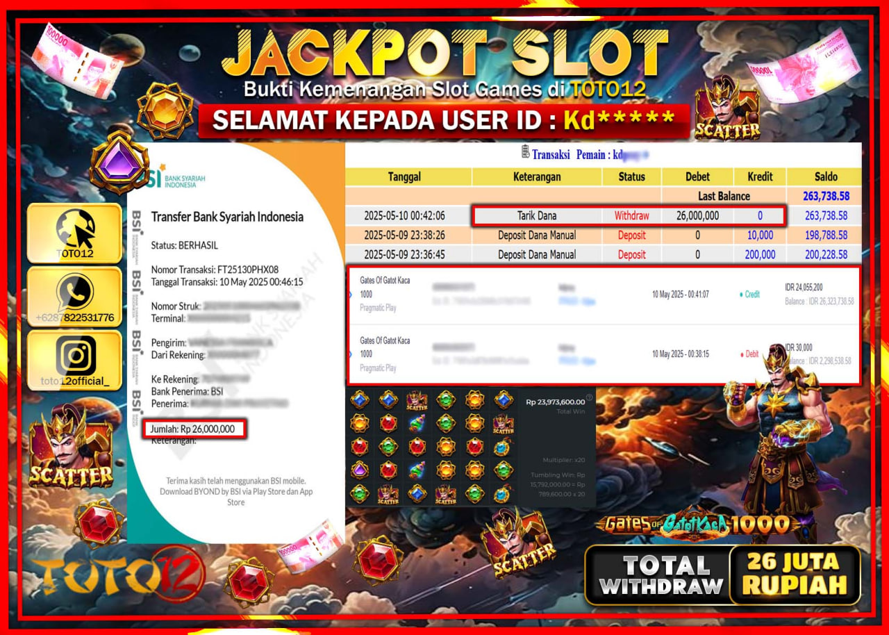 HANYA DI TOTO12 JP PASTI DI BAYAR LUNAS DAN CEPAT!!!!!! JACKPOT SLOT GAME (GATES OF GATOT KACA 1000) Rp.26.000.000 !!!!
