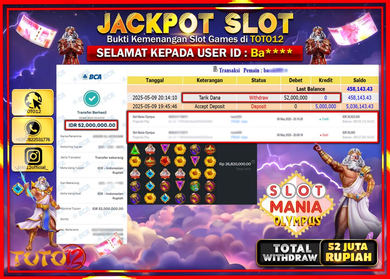 HANYA DI TOTO12 JP PASTI DI BAYAR LUNAS DAN CEPAT!!!!!! JACKPOT SLOT GAME (SLOT MANIA OLYMPUS) Rp.52.000.000 !!!!