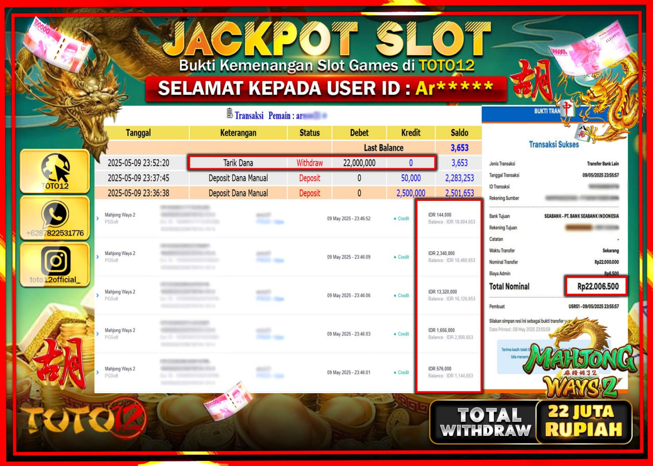 HANYA DI TOTO12 JP PASTI DI BAYAR LUNAS DAN CEPAT!!!!!! JACKPOT SLOT GAME (MAHJONG WAYS 2) Rp.22.000.000 !!!!