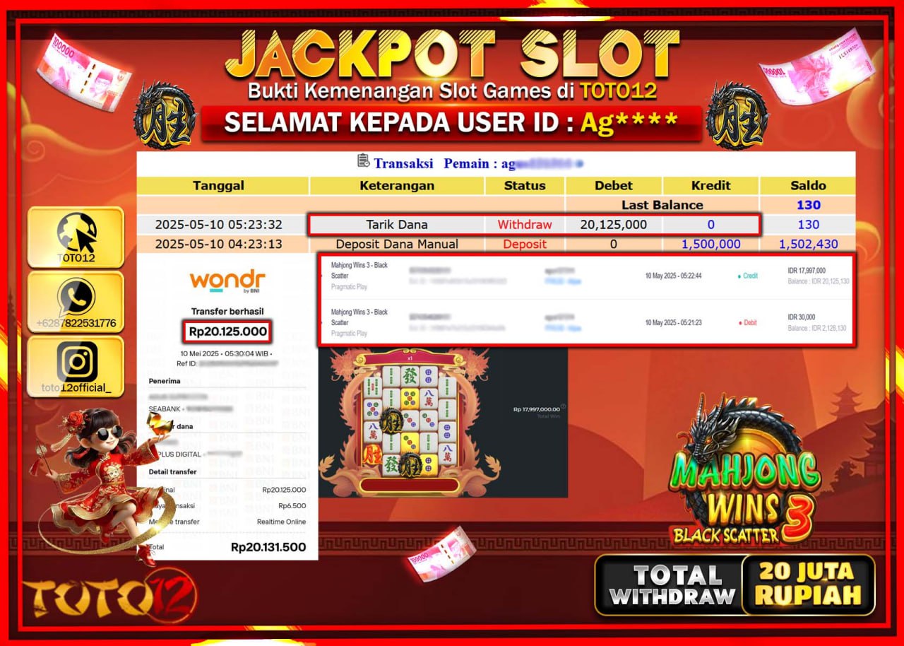 HANYA DI TOTO12 JP PASTI DI BAYAR LUNAS DAN CEPAT!!!!!! JACKPOT SLOT GAME (MAHJONG WINS 3 BLACK SCATTER) Rp.20.000.000 !!!!