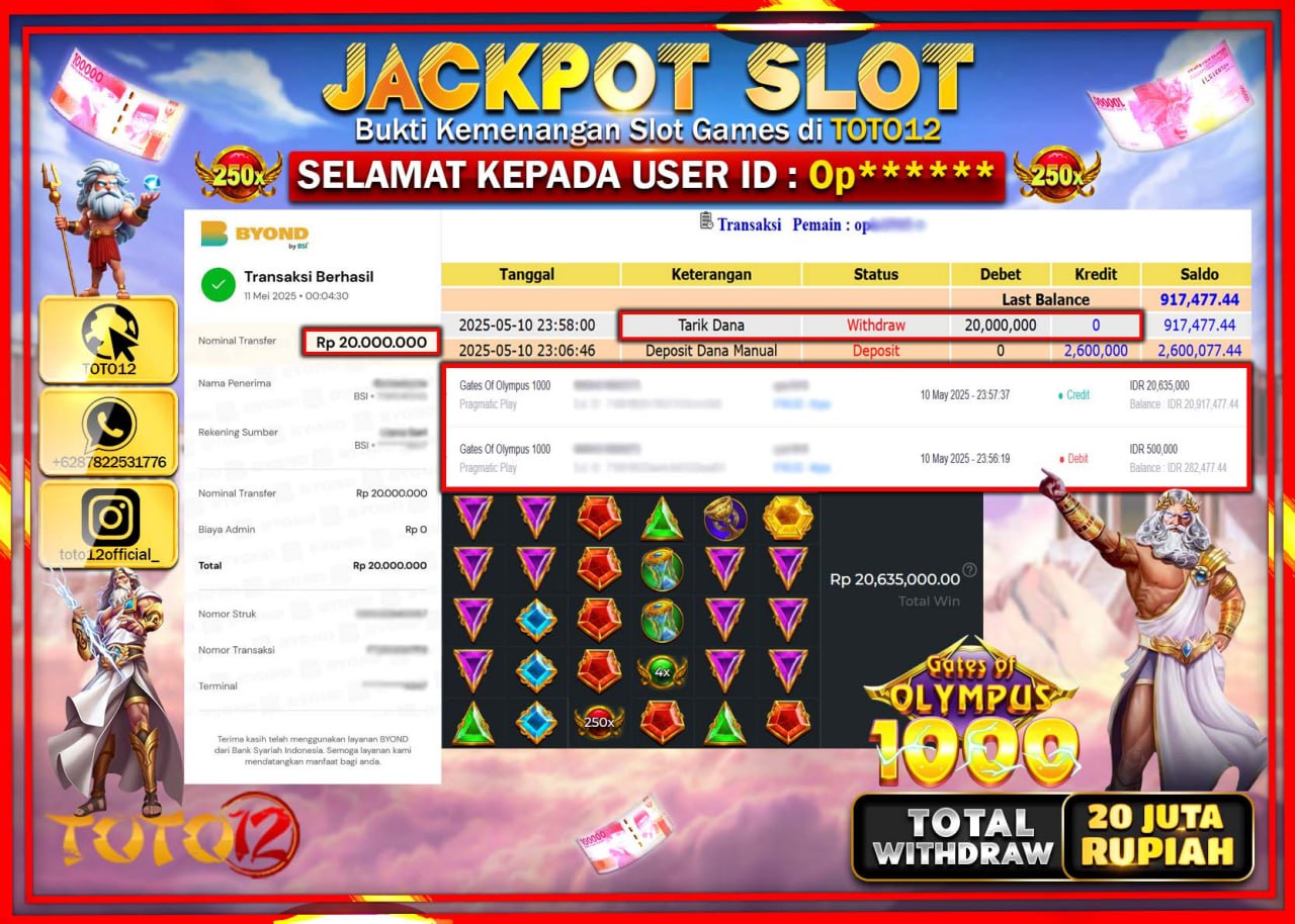 HANYA DI TOTO12 JP PASTI DI BAYAR LUNAS DAN CEPAT!!!!!! JACKPOT SLOT GAME (GATES OF OLYMPUS 1000) Rp.20.000.000 !!!!