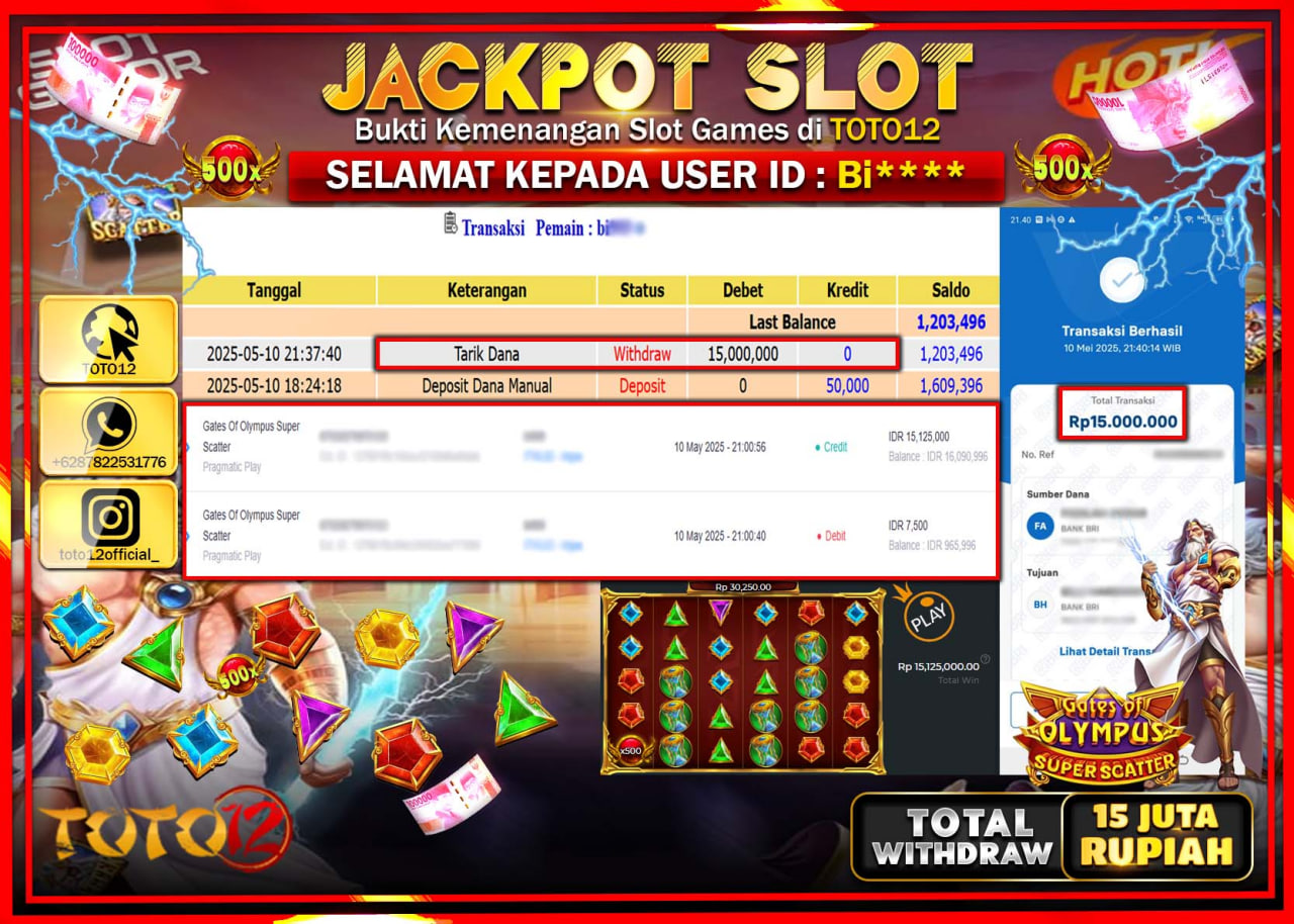HANYA DI TOTO12 JP PASTI DI BAYAR LUNAS DAN CEPAT!!!!!! JACKPOT SLOT GAME (GATES OF OLYMPUS SUPER SCATTER) Rp.15.000.000 !!!!