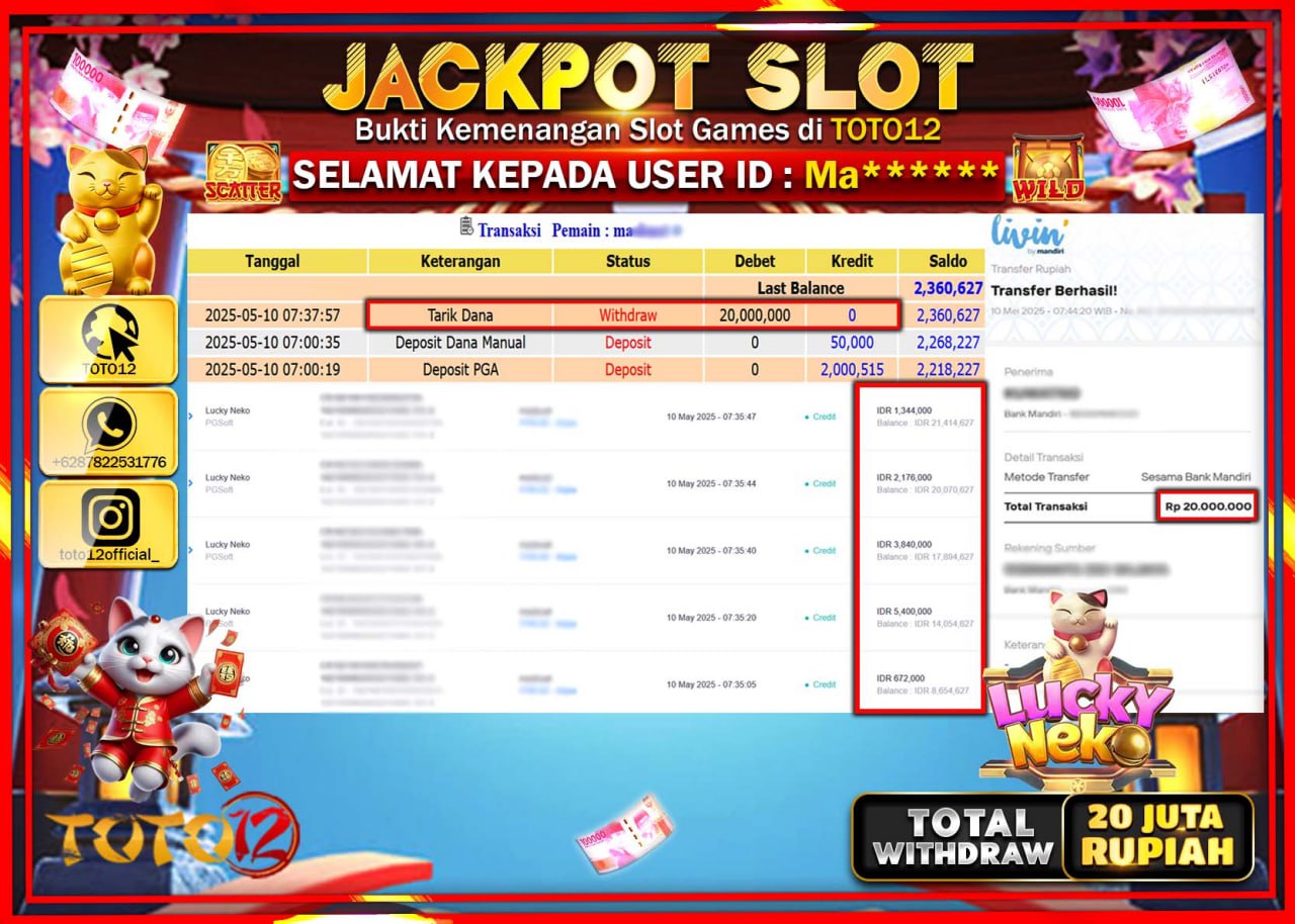 HANYA DI TOTO12 JP PASTI DI BAYAR LUNAS DAN CEPAT!!!!!! JACKPOT SLOT GAME (LUCKY NEKO) Rp.20.000.000 !!!!