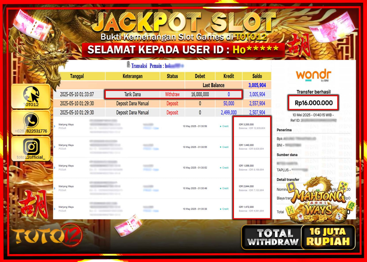 HANYA DI TOTO12 JP PASTI DI BAYAR LUNAS DAN CEPAT!!!!!! JACKPOT SLOT GAME (MAHJONG WAYS) Rp.16.000.000 !!!!
