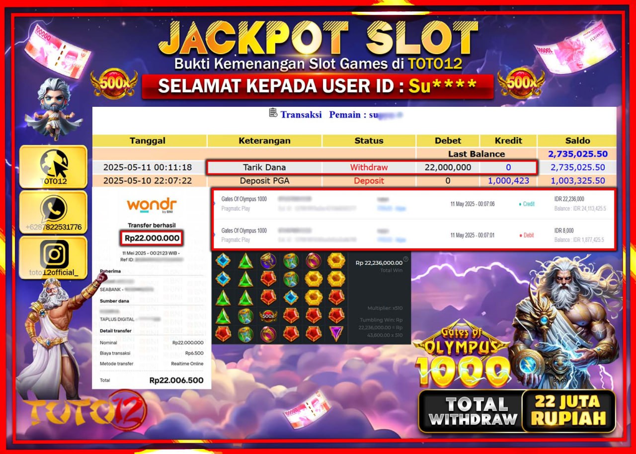 HANYA DI TOTO12 JP PASTI DI BAYAR LUNAS DAN CEPAT!!!!!! JACKPOT SLOT GAME (GATES OF OLYMPUS 1000) Rp.22.000.000 !!!!