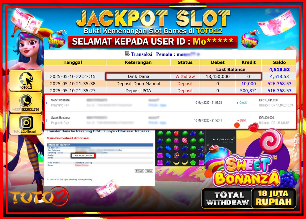 HANYA DI TOTO12 JP PASTI DI BAYAR LUNAS DAN CEPAT!!!!!! JACKPOT SLOT GAME (SWEET BONANZA) Rp.18.000.000 !!!!