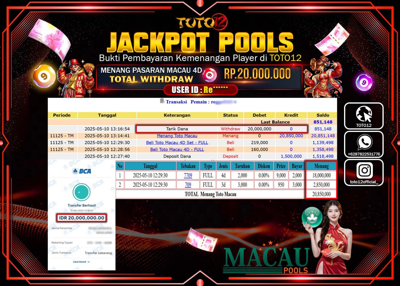 HANYA DI TOTO12 JP PASTI DI BAYAR LUNAS DAN CEPAT!!!!!! JACKPOT POOLS PASARAN (TOTO MACAU4D) Rp.20.000.000 !!!!