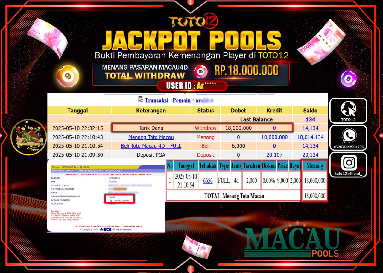 HANYA DI TOTO12 JP PASTI DI BAYAR LUNAS DAN CEPAT!!!!!! JACKPOT POOLS PASARAN (TOTO MACAU4D) Rp.18.000.000 !!!!