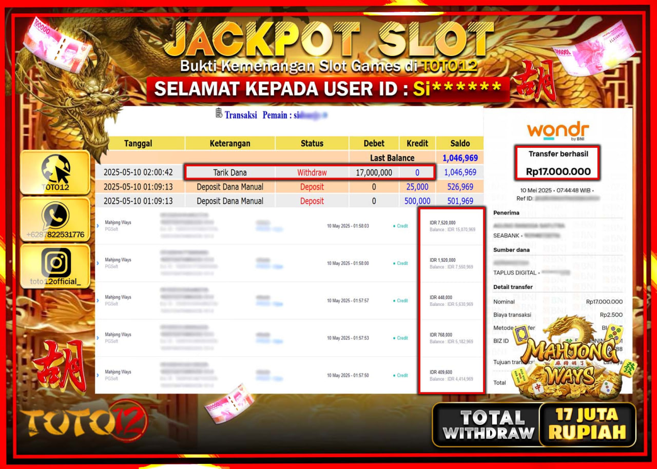 HANYA DI TOTO12 JP PASTI DI BAYAR LUNAS DAN CEPAT!!!!!! JACKPOT SLOT GAME (MAHJONG WAYS) Rp.17.000.000 !!!!
