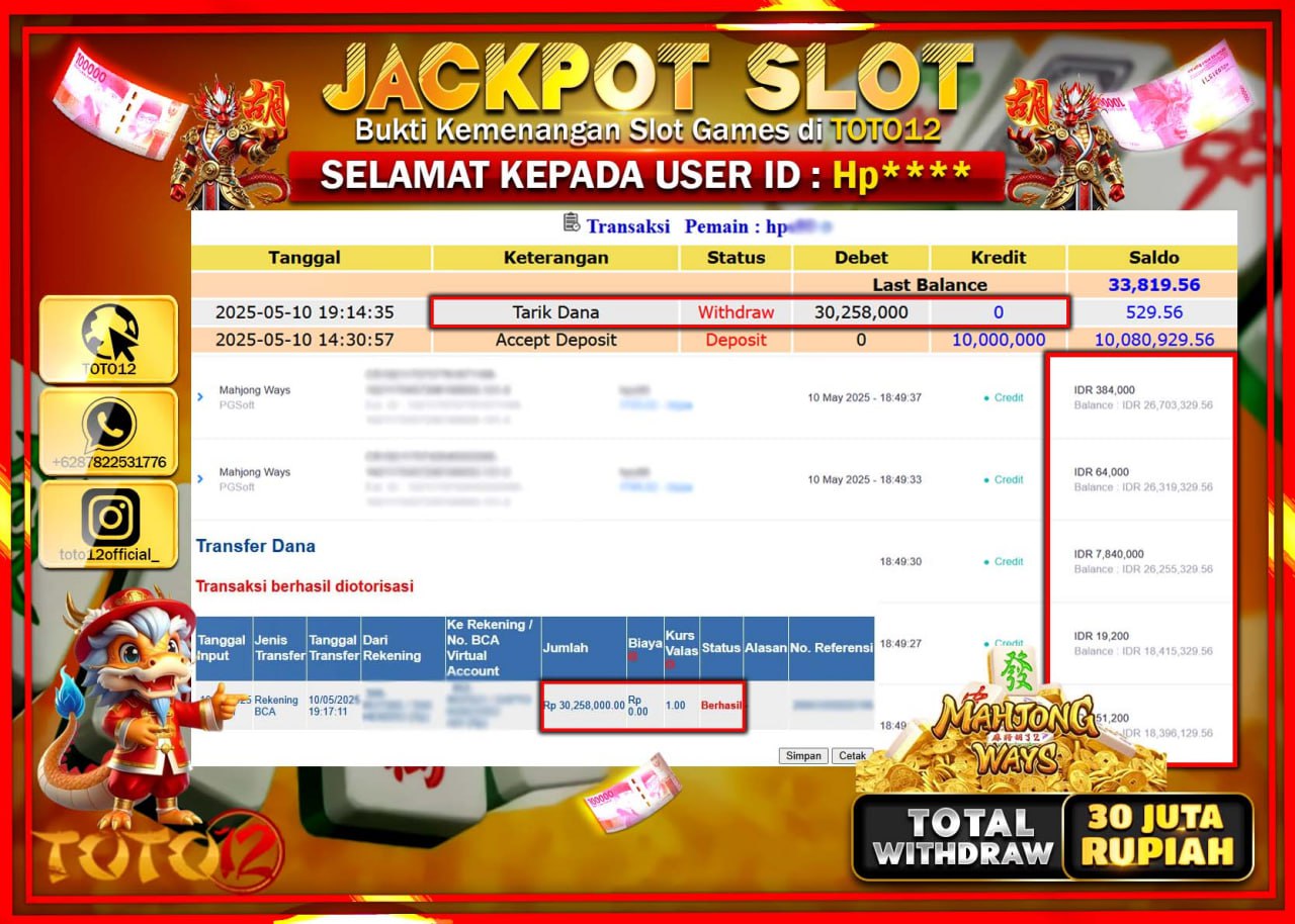 HANYA DI TOTO12 JP PASTI DI BAYAR LUNAS DAN CEPAT!!!!!! JACKPOT SLOT GAME (MAHJONG WAYS) Rp.30.000.000 !!!!