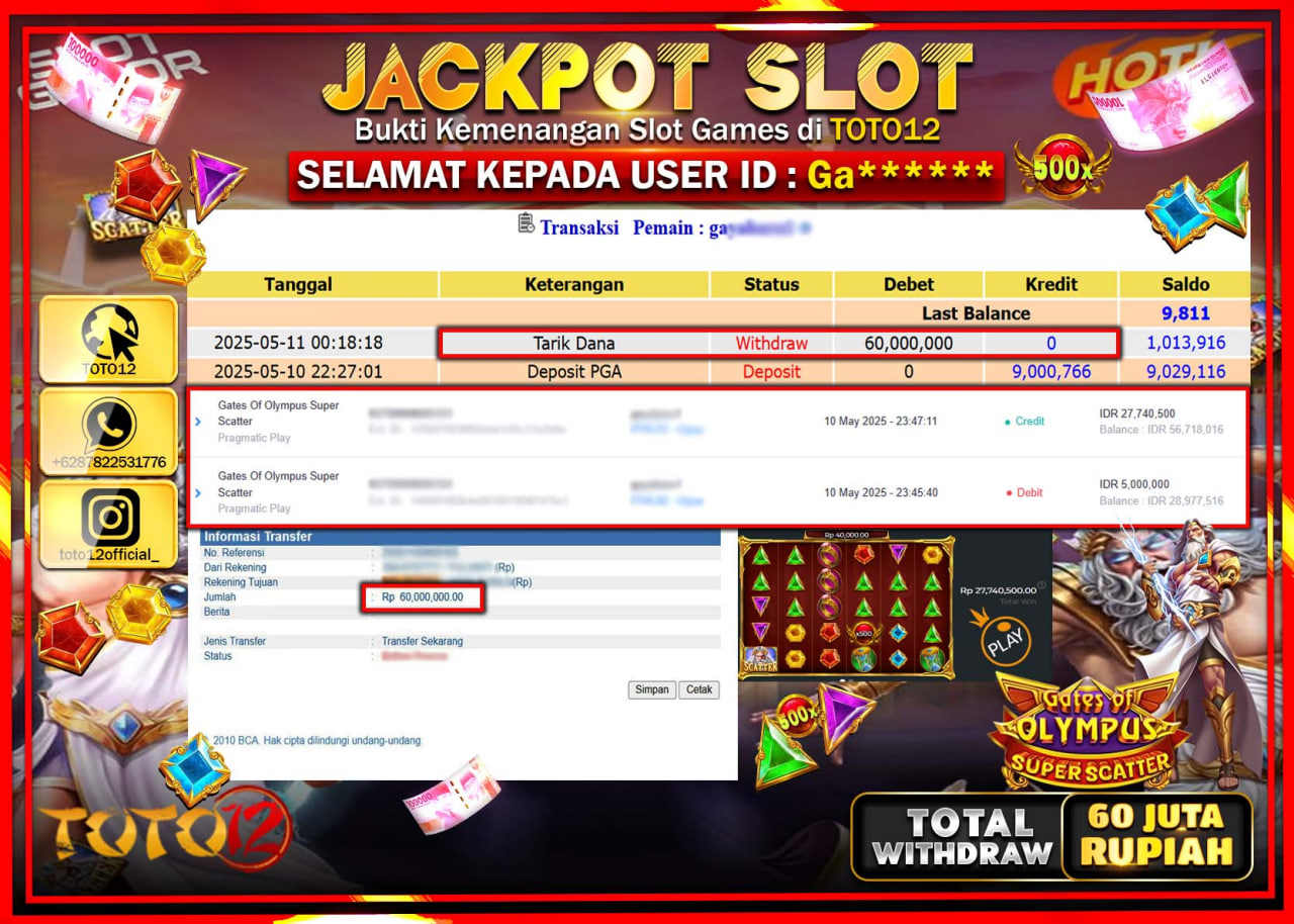 HANYA DI TOTO12 JP PASTI DI BAYAR LUNAS DAN CEPAT!!!!!! JACKPOT SLOT GAME (GATES OF OLYMPUS SUPER SCATTER) Rp.60.000.000 !!!!