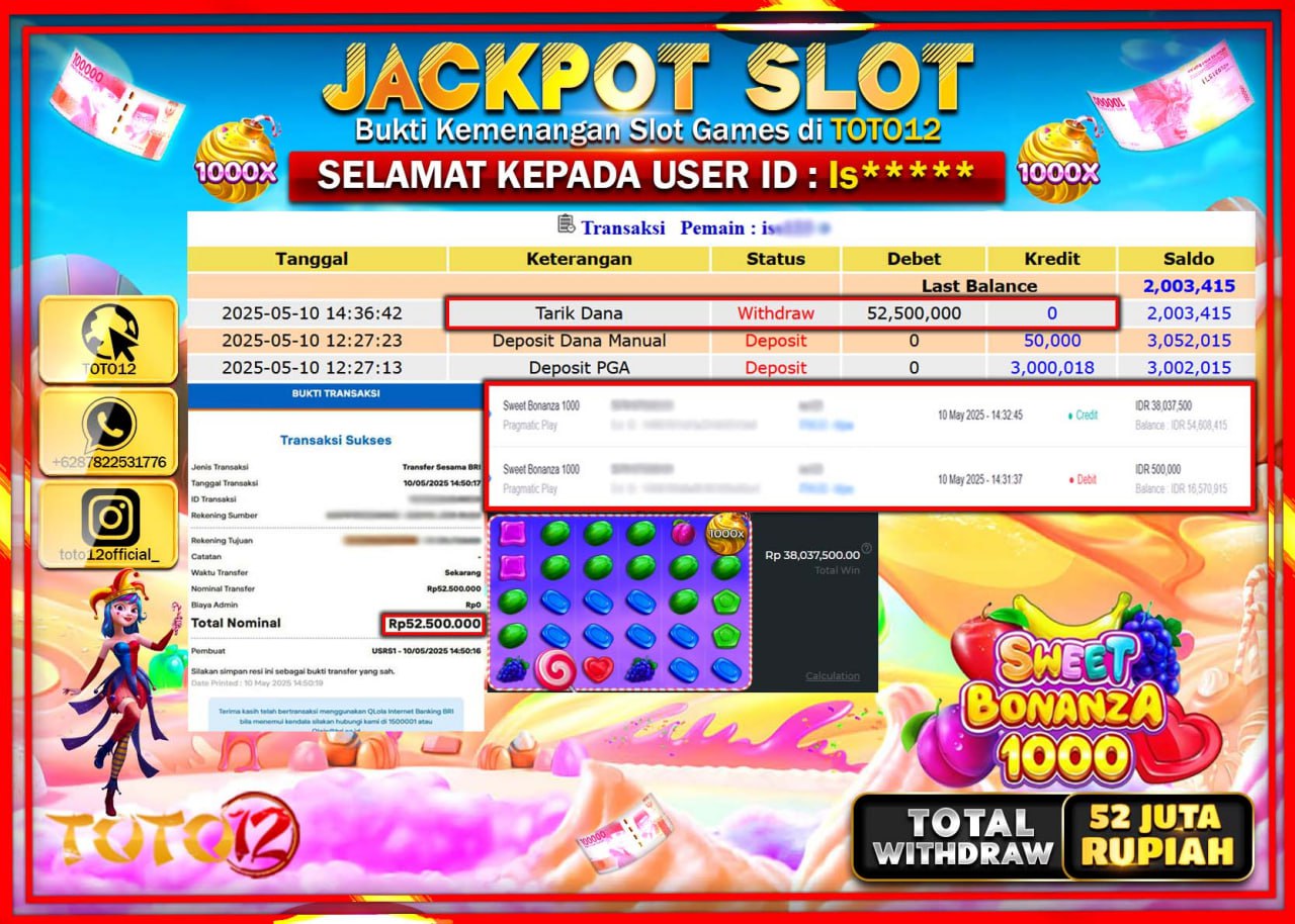HANYA DI TOTO12 JP PASTI DI BAYAR LUNAS DAN CEPAT!!!!!! JACKPOT SLOT GAME (SWEET BONANZA 1000) Rp.52.000.000 !!!!