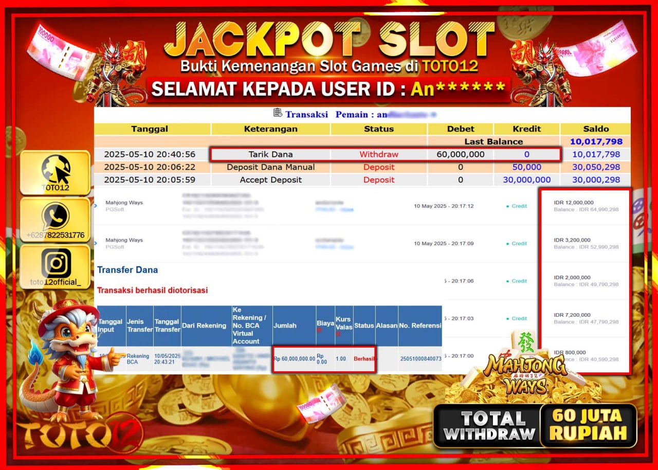 HANYA DI TOTO12 JP PASTI DI BAYAR LUNAS DAN CEPAT!!!!!! JACKPOT SLOT GAME (MAHJONG WAYS) Rp.60.000.000 !!!!