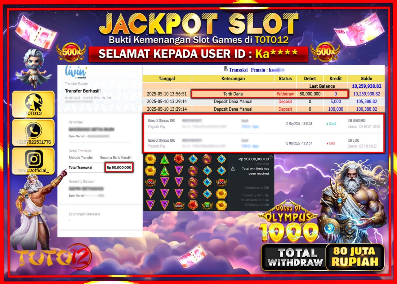 HANYA DI TOTO12 JP PASTI DI BAYAR LUNAS DAN CEPAT!!!!!! JACKPOT SLOT GAME (GATES OF OLYMPUS 1000) Rp.80.000.000 !!!!