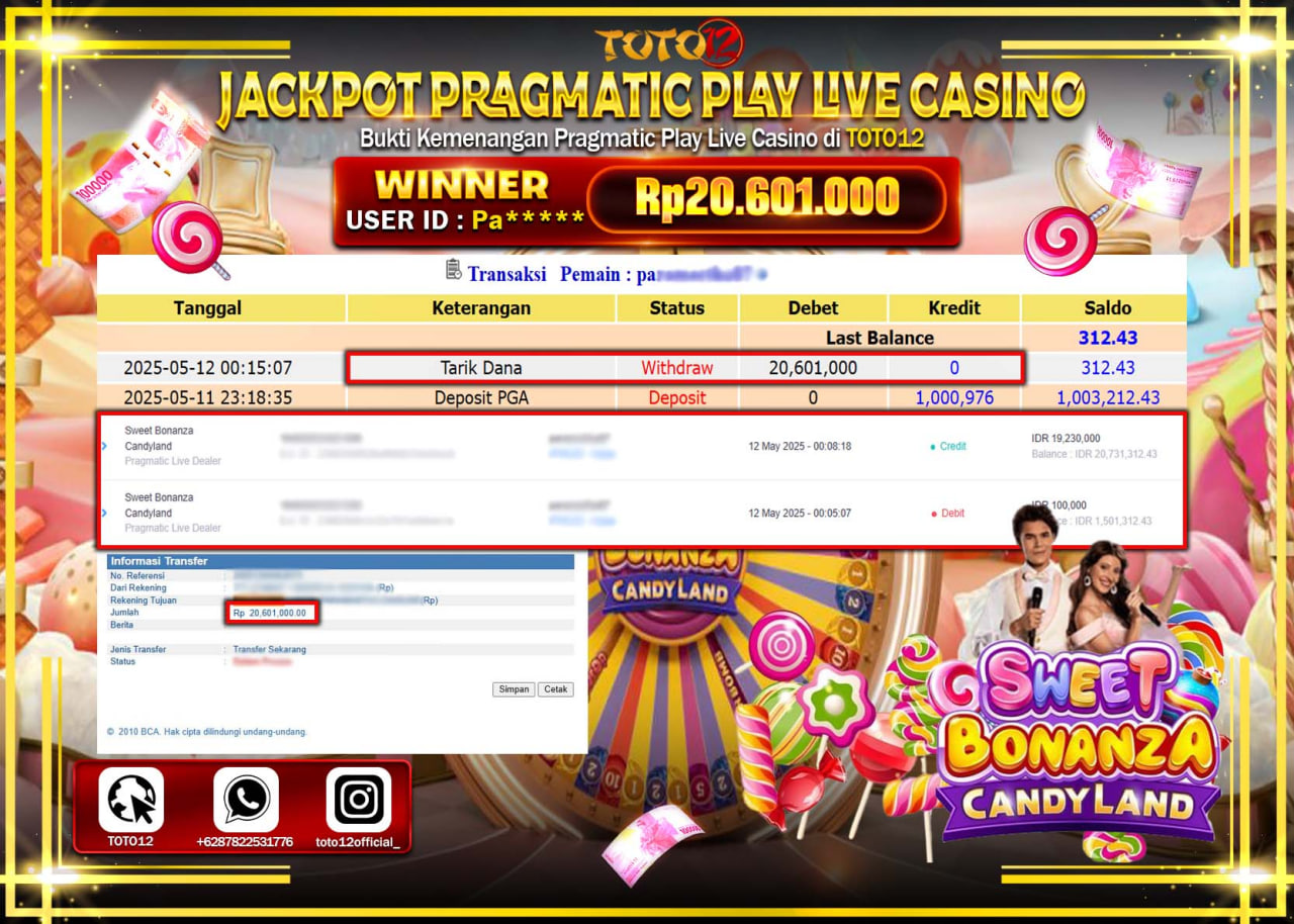 HANYA DI TOTO12 JP PASTI DI BAYAR LUNAS DAN CEPAT!!!!!! JACKPOT PRAGMATIC PLAY LIVE CASINO (SWEET BONANZA CANDY LAND) Rp.20.601.000 !!!!