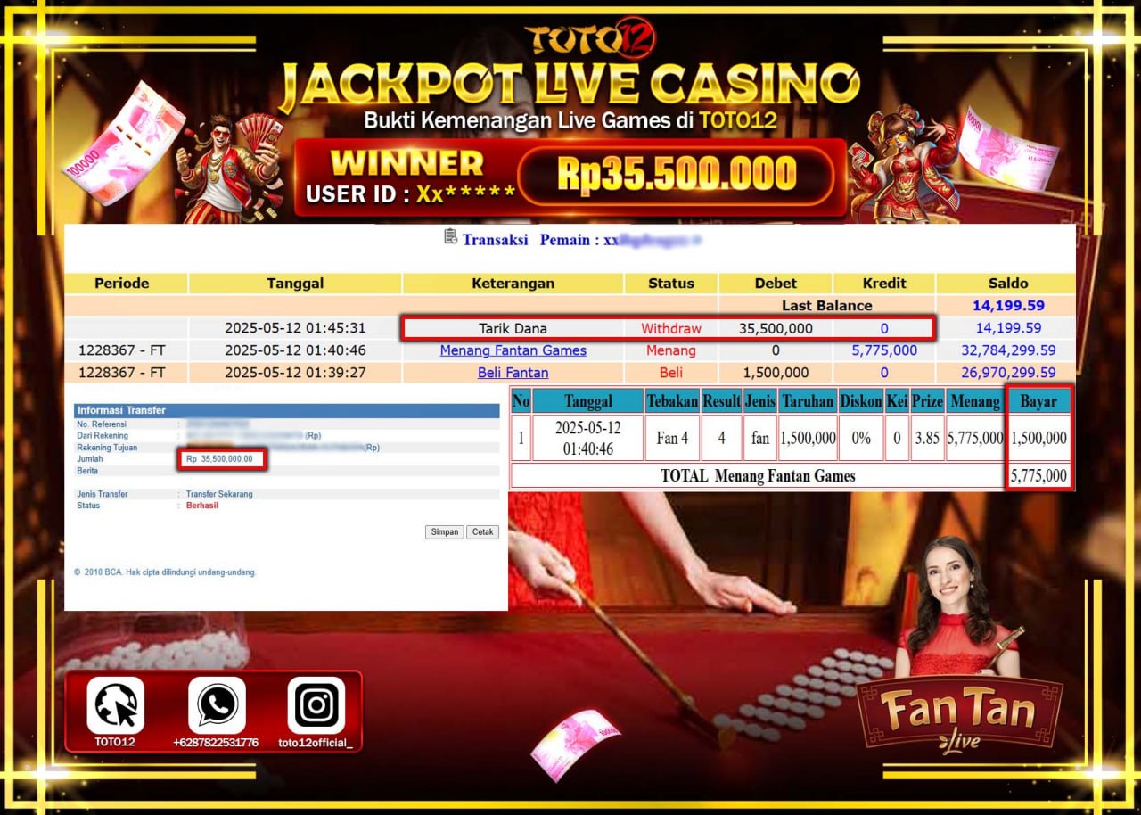 HANYA DI TOTO12 JP PASTI DI BAYAR LUNAS DAN CEPAT!!!!!! JACKPOT LIVE GAMES CASINO (FANTAN) Rp.35.500.000 !!!!