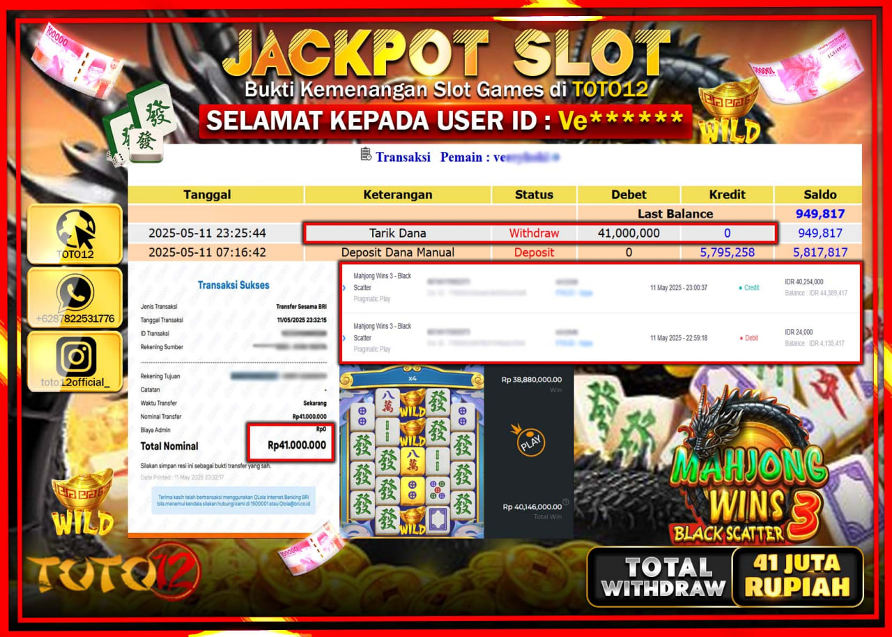 HANYA DI TOTO12 JP PASTI DI BAYAR LUNAS DAN CEPAT!!!!!! JACKPOT SLOT GAME (MAHJONG WINS 3 BLACK SCATTER) Rp.41.000.000 !!!!
