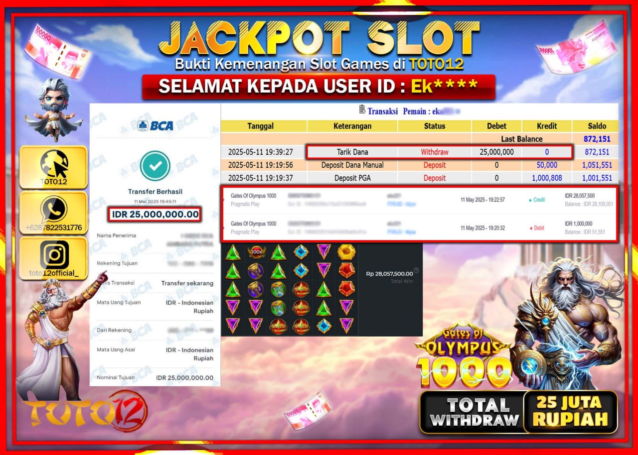 HANYA DI TOTO12 JP PASTI DI BAYAR LUNAS DAN CEPAT!!!!!! JACKPOT SLOT GAME (GATES OF OLYMPUS 1000) Rp.25.000.000 !!!!