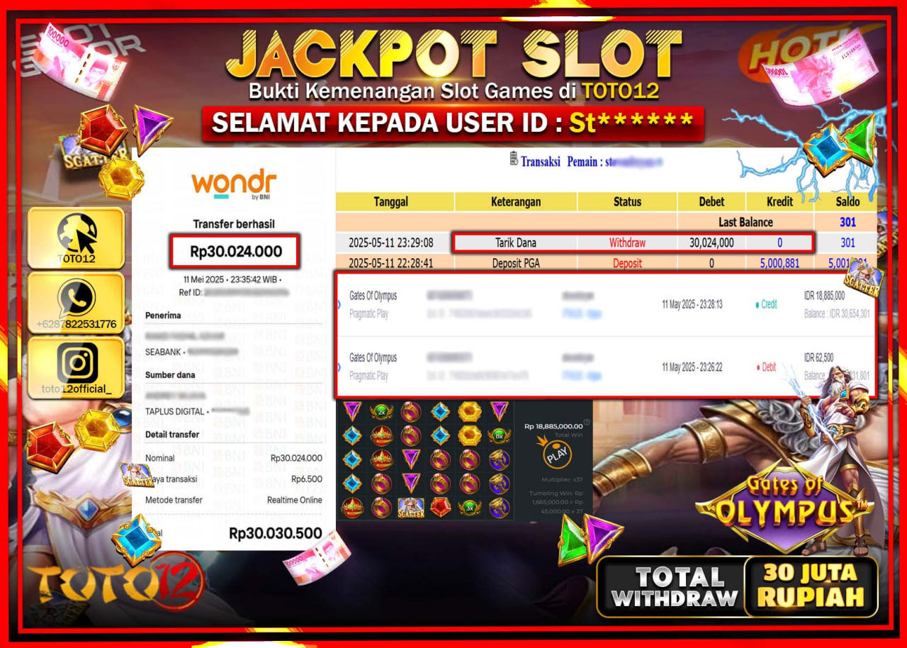 HANYA DI TOTO12 JP PASTI DI BAYAR LUNAS DAN CEPAT!!!!!! JACKPOT SLOT GAME (GATES OF OLYMPUS) Rp.30.000.000 !!!!
