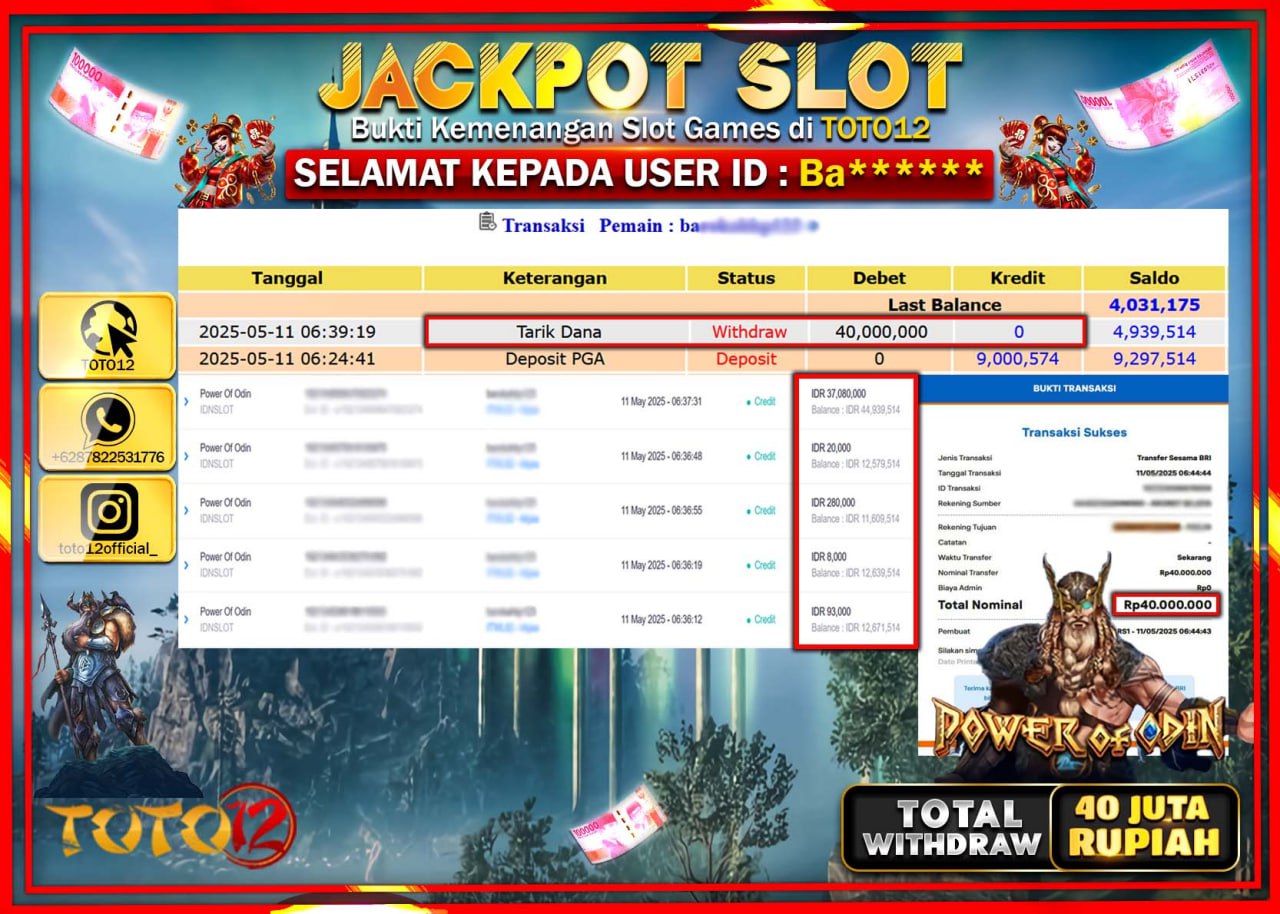 HANYA DI TOTO12 JP PASTI DI BAYAR LUNAS DAN CEPAT!!!!!! JACKPOT SLOT GAME (POWER OF ODIN) Rp.40.000.000 !!!!