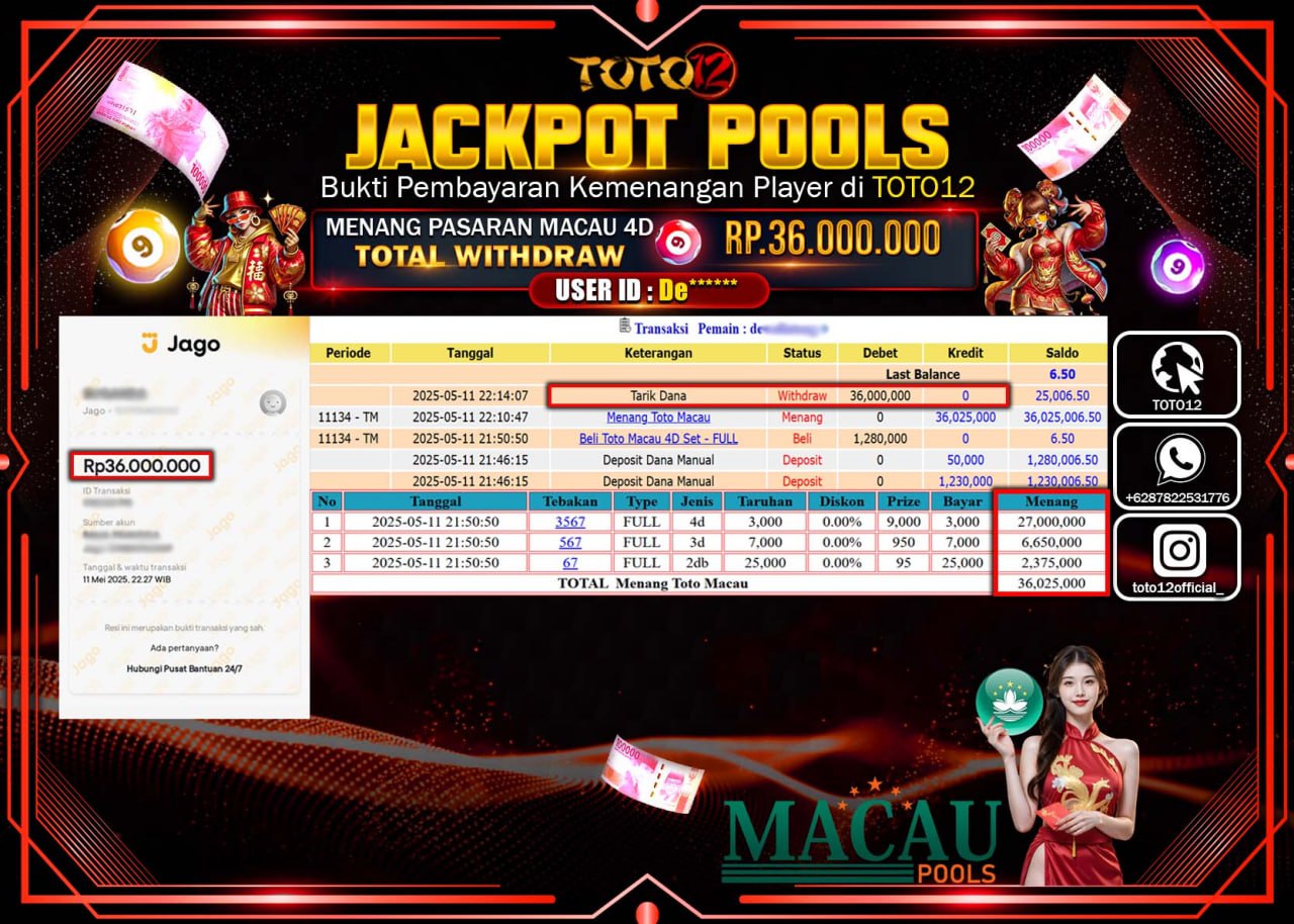 HANYA DI TOTO12 JP PASTI DI BAYAR LUNAS DAN CEPAT!!!!!! JACKPOT POOLS PASARAN (MACAU4D) Rp.36.000.000 !!!!