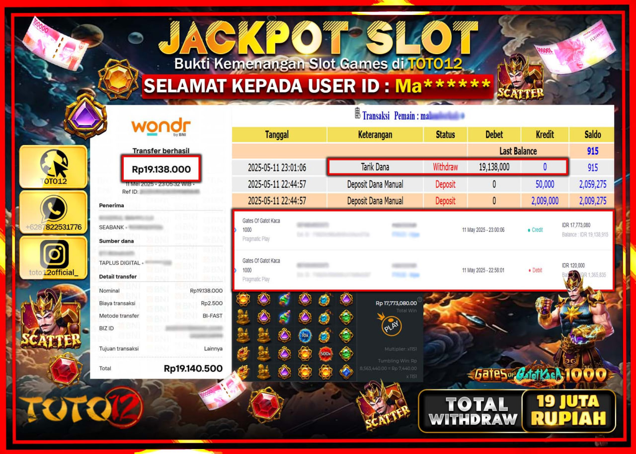 HANYA DI TOTO12 JP PASTI DI BAYAR LUNAS DAN CEPAT!!!!!! JACKPOT SLOT GAME (GATES OF GATOT KACA 1000) Rp.19.000.000 !!!!