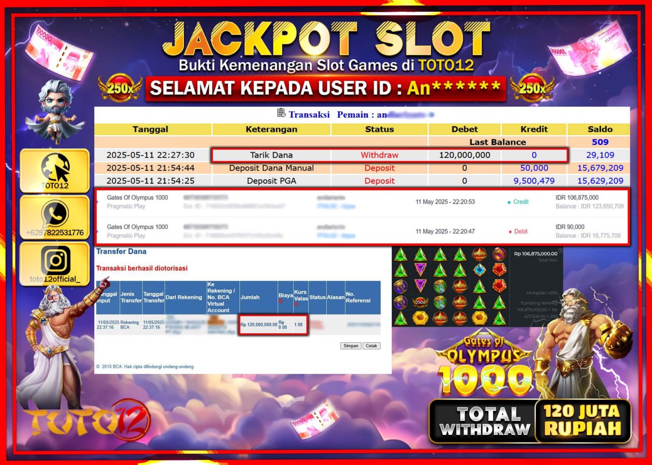 HANYA DI TOTO12 JP PASTI DI BAYAR LUNAS DAN CEPAT!!!!!! JACKPOT SLOT GAME (GATES OF OLYMPUS 1000) Rp.120.000.000 !!!!