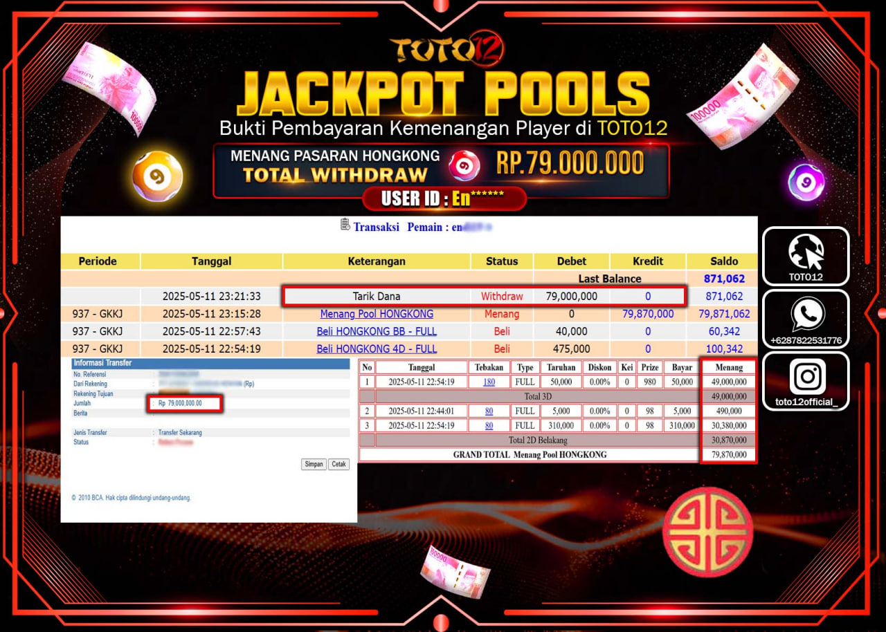 HANYA DI TOTO12 JP PASTI DI BAYAR LUNAS DAN CEPAT!!!!!! JACKPOT POOLS PASARAN (HONGKONG) Rp.79.000.000 !!!!