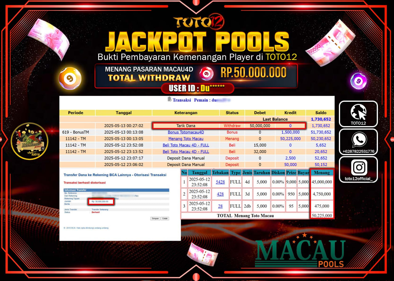 HANYA DI TOTO12 JP PASTI DI BAYAR LUNAS DAN CEPAT!!!!!! JACKPOT POOLS PASARAN (TOTO MACAU4D) Rp.50.000.000 !!!!