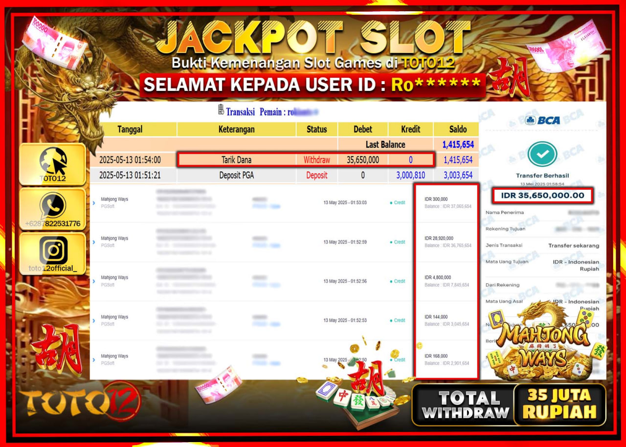 HANYA DI TOTO12 JP PASTI DI BAYAR LUNAS DAN CEPAT!!!!!! JACKPOT SLOT GAME (MAHJONG WAYS) Rp.35.000.000 !!!!