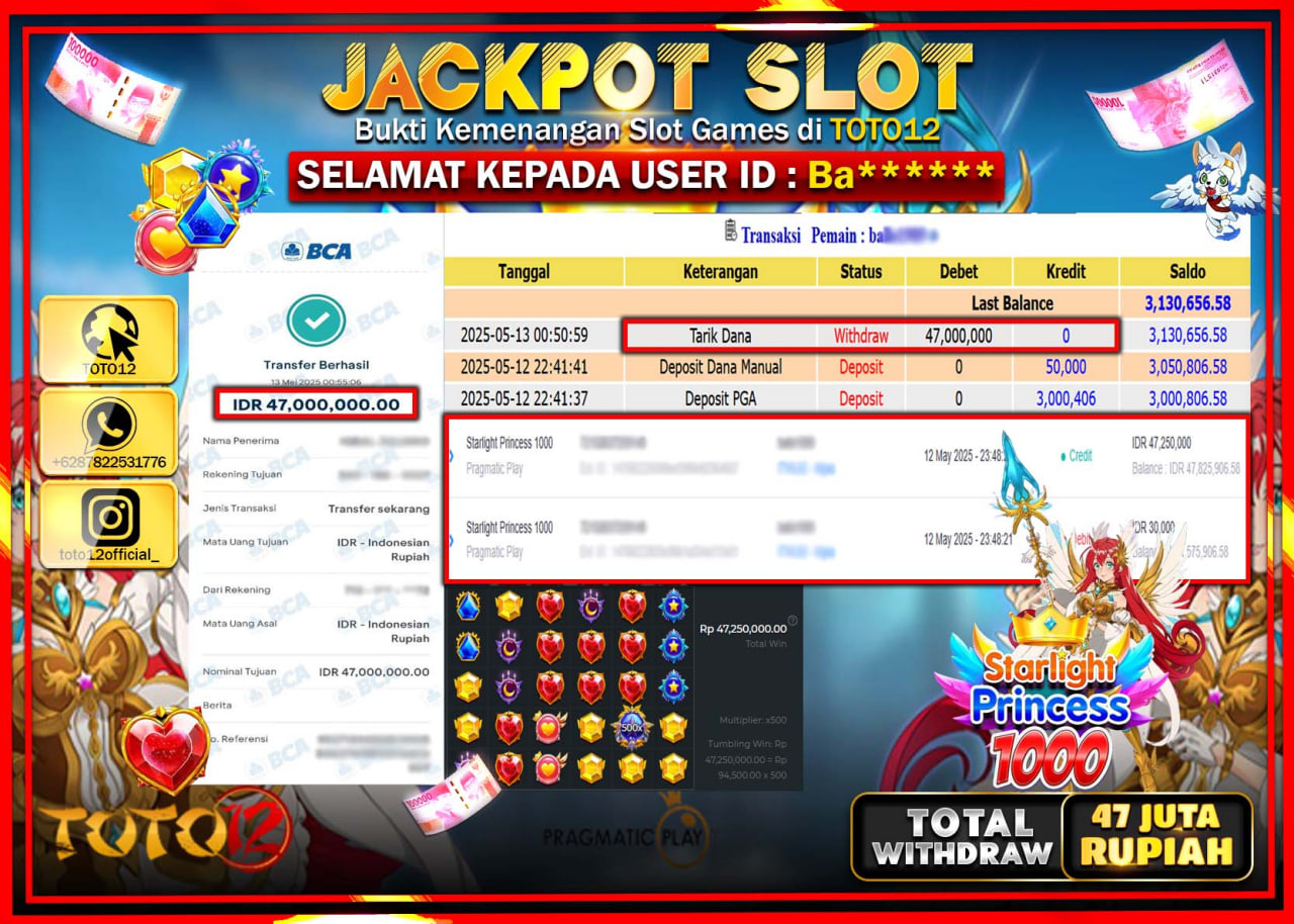 HANYA DI TOTO12 JP PASTI DI BAYAR LUNAS DAN CEPAT!!!!!! JACKPOT SLOT GAME (STARLIGHT PRINCESS 1000) Rp.47.000.000 !!!!