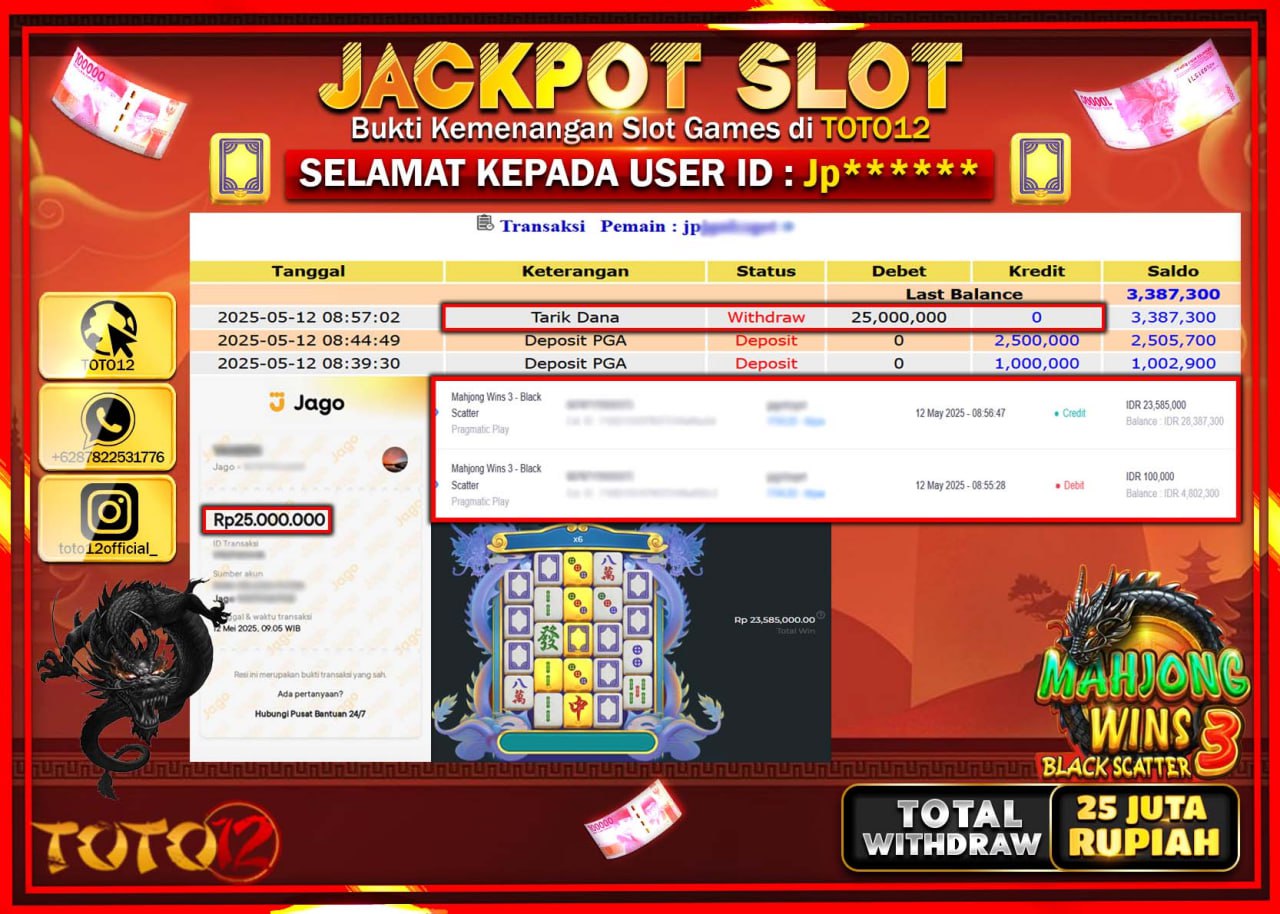 HANYA DI TOTO12 JP PASTI DI BAYAR LUNAS DAN CEPAT!!!!!! JACKPOT SLOT GAME (MAHJONG WINS 3 BLACK SCATTER) Rp.25.000.000 !!!!