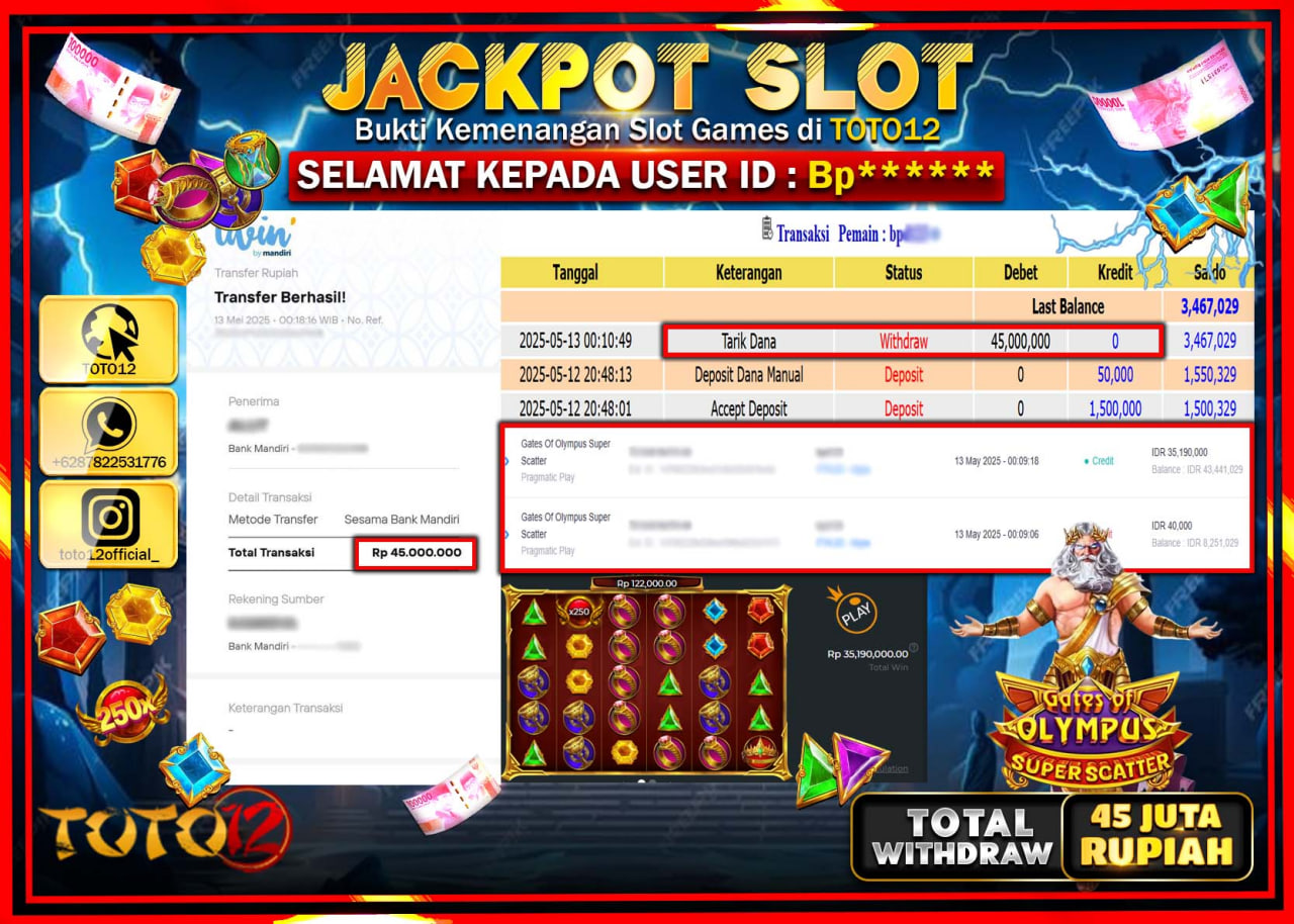 HANYA DI TOTO12 JP PASTI DI BAYAR LUNAS DAN CEPAT!!!!!! JACKPOT SLOT GAME (GATES OF OLYMPUS SUPER SCATTER) Rp.45.000.000 !!!!