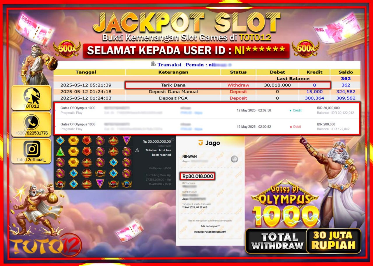 HANYA DI TOTO12 JP PASTI DI BAYAR LUNAS DAN CEPAT!!!!!! JACKPOT SLOT GAME (GATES OF OLYMPUS 1000) Rp.30.000.000 !!!!