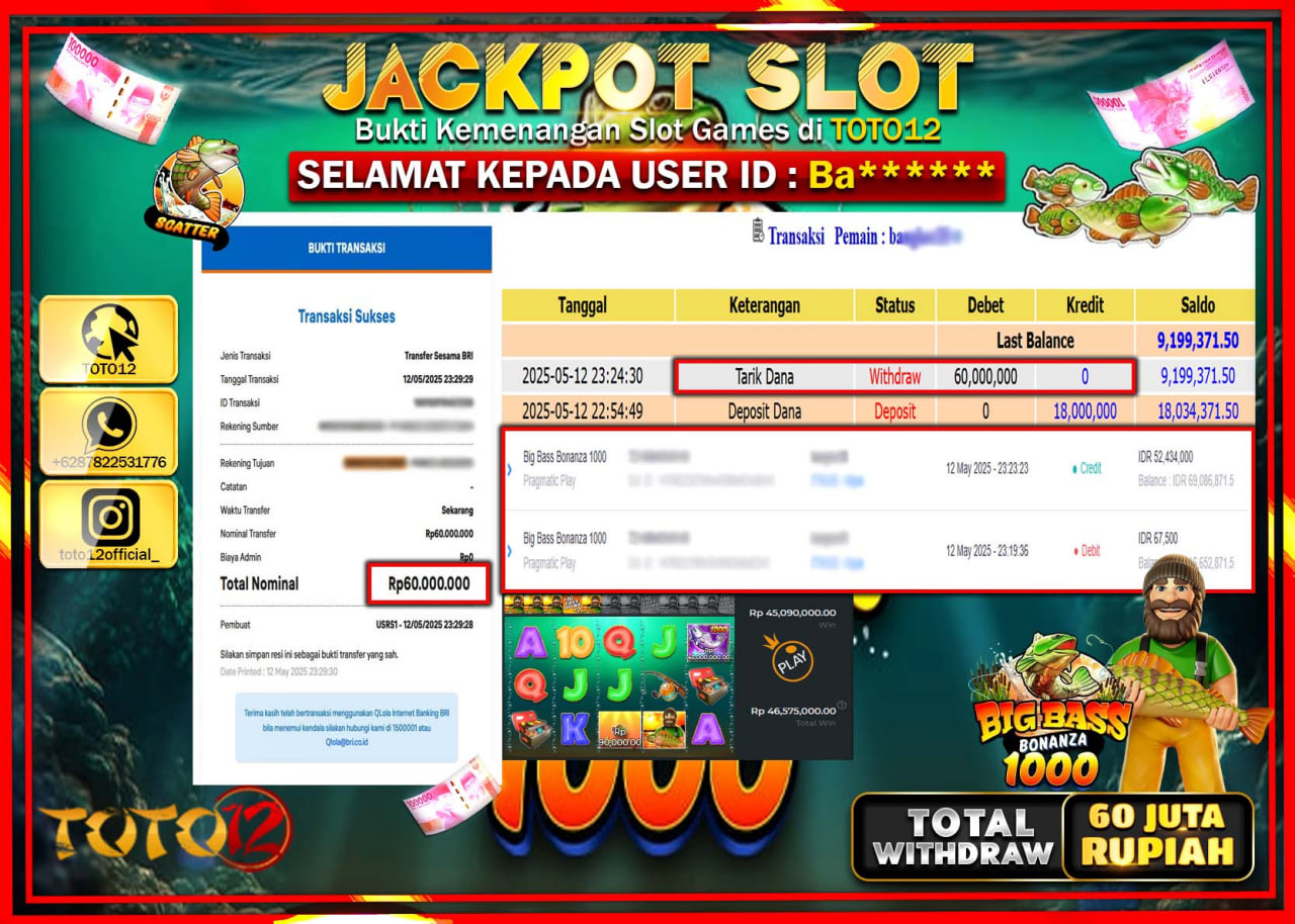 HANYA DI TOTO12 JP PASTI DI BAYAR LUNAS DAN CEPAT!!!!!! JACKPOT SLOT GAME (BIG BASS BONANZA 1000) Rp.60.000.000 !!!!