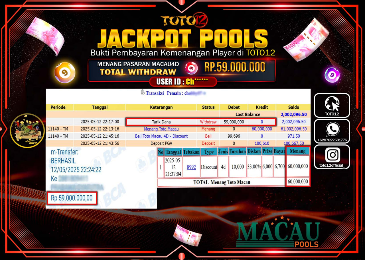 HANYA DI TOTO12 JP PASTI DI BAYAR LUNAS DAN CEPAT!!!!!! JACKPOT POOLS PASARAN (TOTO MACAU4D) Rp.59.000.000 !!!!
